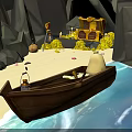 Wooden Boat Near Cave On Sandy Beach With Treasure Chest And Lantern