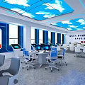Modern Control Room Interior With Sky Ceiling Computer Workstations And Screens 3d model