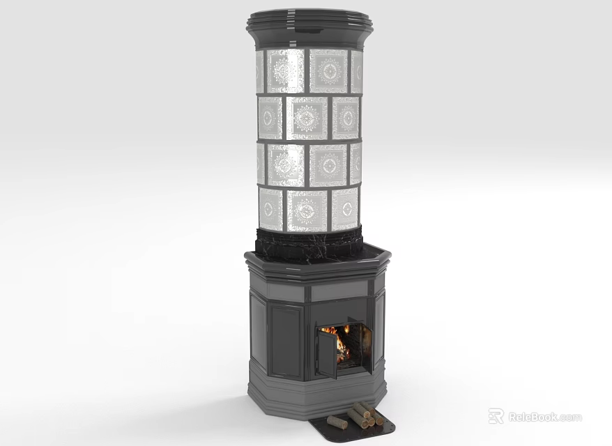 Classic Black Fireplace With Burning Fire And Tall Chimney With Silver Decorative Patterns 3d model 