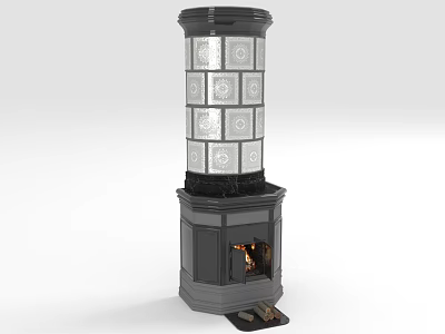 Classic Black Fireplace With Burning Fire And Tall Chimney With Silver Decorative Patterns 3d model