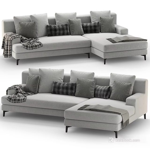 Modern Grey Double Sofa With Decorative Pillows And Soft Plaid Blanket 3d model