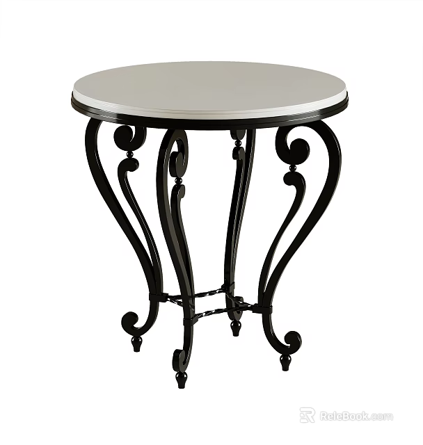 Elegant Round Top Side Table With Metal Surface And Ornate Black Legs 3d model 