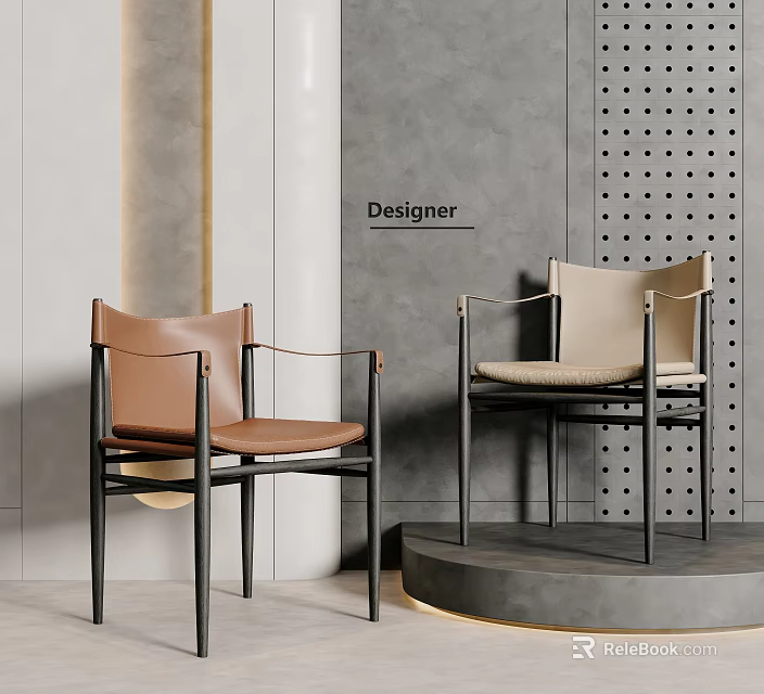 Designer Modern Accent Chairs With Brown And Beige Upholstery Metal Frames And Armrests 3d model 