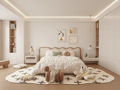 Minimalist Bedroom Interior With Cozy Bed Stuffed Toys On Rug Wall Art And Built In Bookshelf 3d model