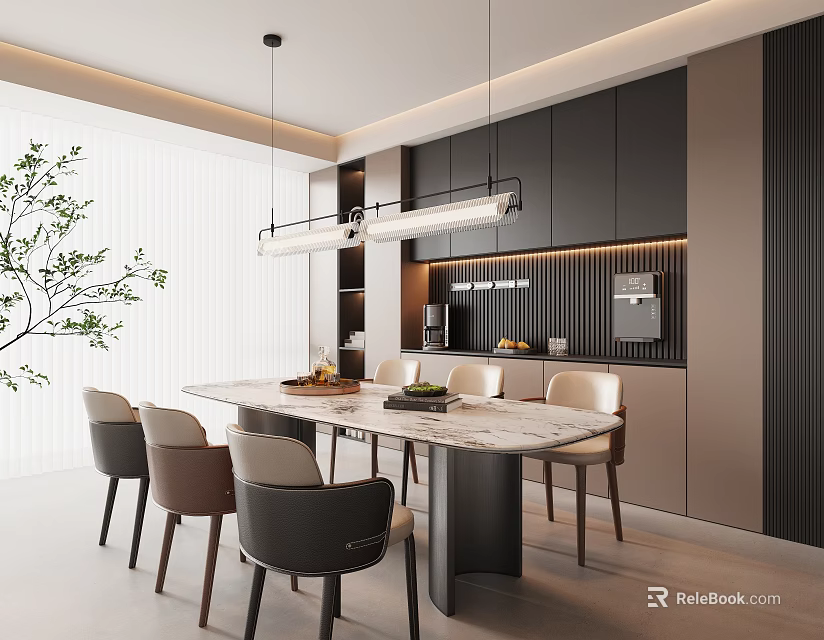 Modern Restaurant Interior With Open Kitchen Marble Dining Table Black Cabinets And Pendant Lights 3d model
