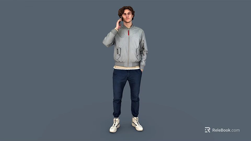 A Man Wearing Gray Jacket Blue Jeans And White Sneakers Standing Casually Against Gray Background 3d model 