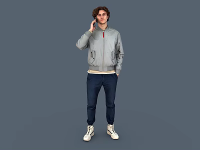 A Man Wearing Gray Jacket Blue Jeans And White Sneakers Standing Casually Against Gray Background 3d model