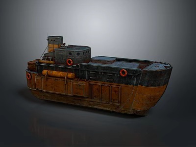 Old Vintage Ship Model With Yellow Black Hull Red Life Rings And Deck Cabin 3d model
