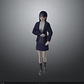 3D School Uniform Girl Character With Dark Blue Hair And Classic Outfit On Gray Background