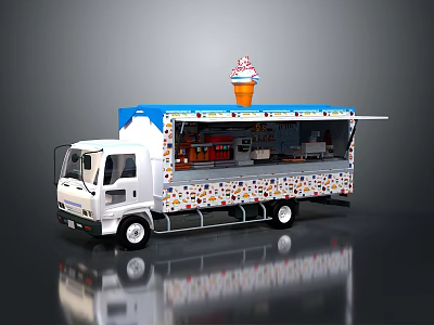 Colorful Polka Dot Ice Cream Food Truck With Open Side And Cone On Top 3d model