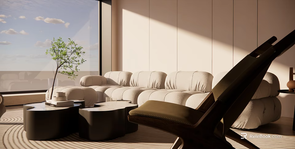 Modern Living Room With Plush Cream Sofa Round Coffee Tables Large Windows And Potted Plant 3d model 
