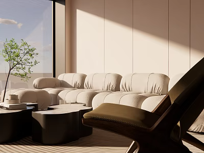Modern Living Room With Plush Cream Sofa Round Coffee Tables Large Windows And Potted Plant 3d model