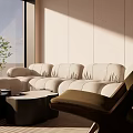 Modern Living Room With Plush Cream Sofa Round Coffee Tables Large Windows And Potted Plant