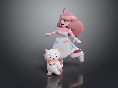 Cute Pink Haired Girl With White Kitten In Striped Top And Star Patterned Dress 3d model