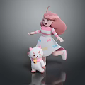 Cute Pink Haired Girl With White Kitten In Striped Top And Star Patterned Dress