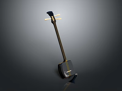 Traditional Black String Instrument with Long Neck Square Body Tuning Pegs and Strings 3d model