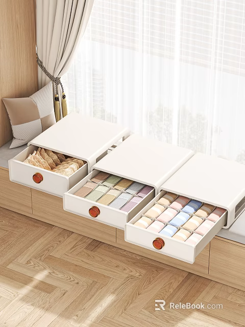 Neatly Organized Household Items In White Open Drawers With Wooden Handles 3d model 