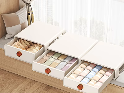Neatly Organized Household Items In White Open Drawers With Wooden Handles 3d model
