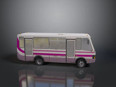 White and Pink Bus with Side Windows and Doors and Reflection on Gray Background 3d model