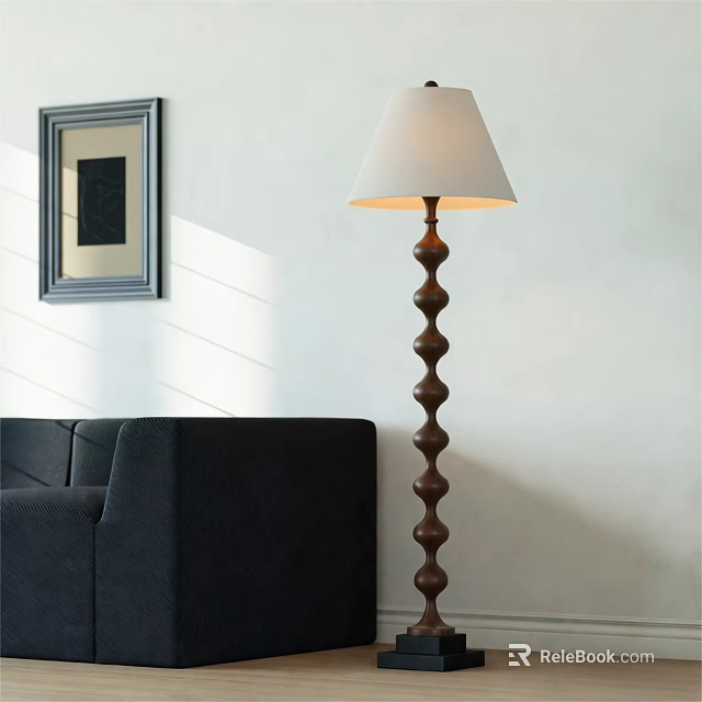 Spiral Wooden Floor Lamp with White Lampshade in Living Room with Black Sofa 3d model 