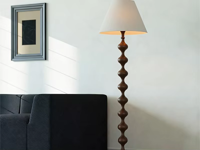 Spiral Wooden Floor Lamp with White Lampshade in Living Room with Black Sofa 3d model