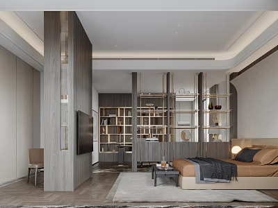 Modern Bedroom Interior With Wooden Elements Bed TV Bookshelf And Rug 3d model