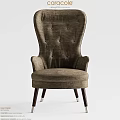 Tufted High Back Beige Fabric Accent Chair with Armrests Dark Wooden Legs and Metal Accents