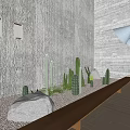 Cactus Bonsai Potted Plants With Gravel Stones On Wooden Shelf And Gray Wall
