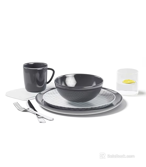 Modern Black Dinnerware Set with Mug Bowl Plate Knife Fork and Glass 3d model 