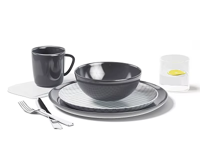 Modern Black Dinnerware Set with Mug Bowl Plate Knife Fork and Glass 3d model