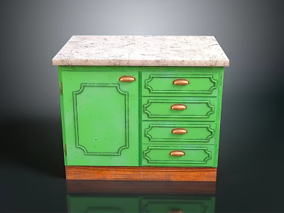 Green Cabinet With Single Door Four Drawers Marble Top And Wooden Base 3d model