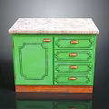Green Cabinet With Single Door Four Drawers Marble Top And Wooden Base