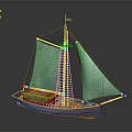 Traditional Wooden Sailing Boat With Green Sails Mast And Cabin As Water Transport