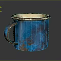 Vintage Blue Mug with Rusted Design White Rim Worn Handle on Dark Background