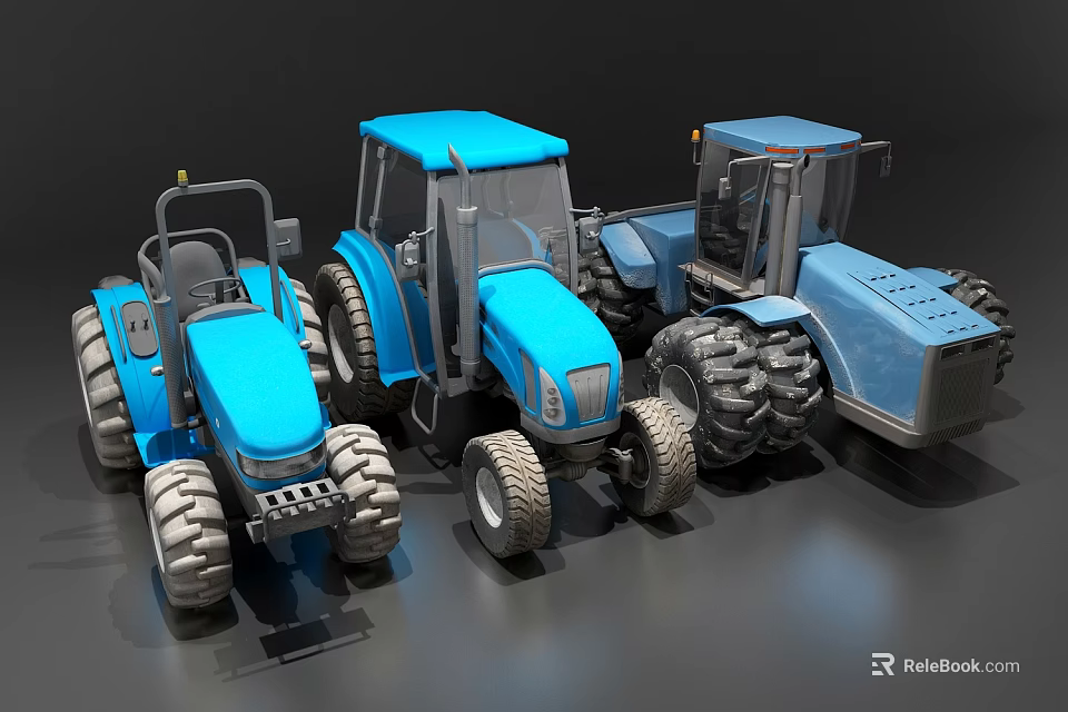 Blue Functional Tractors With Various Models And Heavy Duty Tires 3d model
