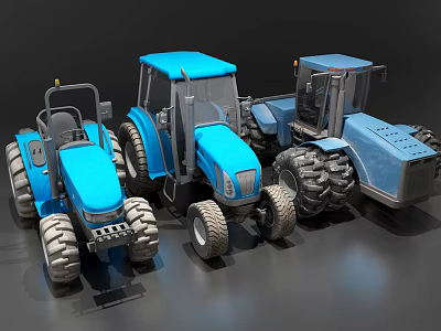 Blue Functional Tractors With Various Models And Heavy Duty Tires 3d model