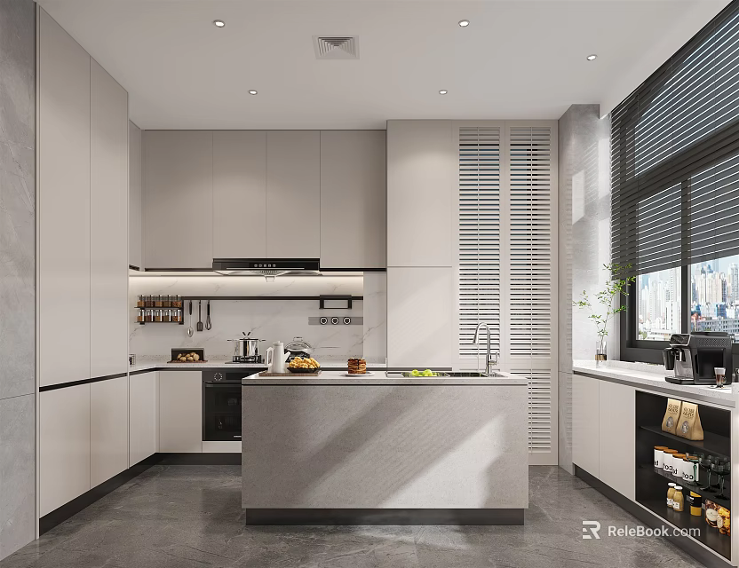 Modern Kitchen Interior Design With White Cabinets Island Counter Gray Floor Blinds And Appliances 3d model 