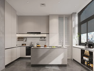 Modern Kitchen Interior Design With White Cabinets Island Counter Gray Floor Blinds And Appliances 3d model