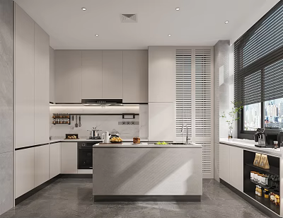 Modern Kitchen Interior Design With White Cabinets Island Counter Gray Floor Blinds And Appliances 3d model