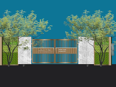 Elegant Entrance Gate Design With Metal Frame Wooden Panels And Surrounding Green Trees 3d model