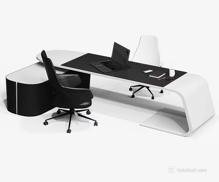 Modern Black and White Office Desk with Curved Edges Laptop and Workspace Chair 3d model 
