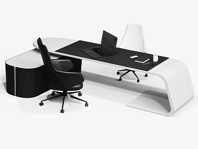 Modern Black and White Office Desk with Curved Edges Laptop and Workspace Chair 3d model