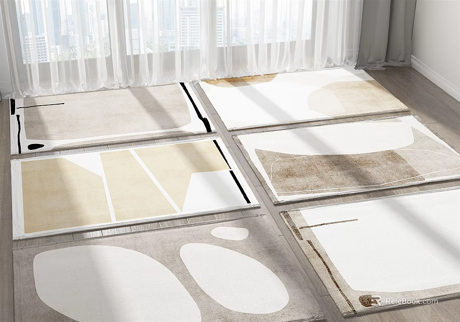 Modern Square Rugs With Geometric Patterns And Neutral Tones In Bright Interior Space 3d model