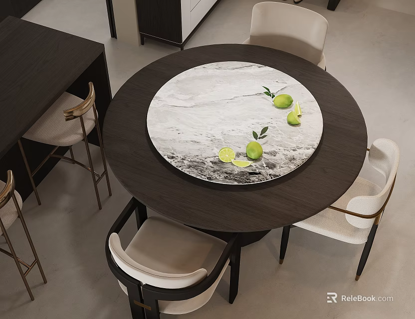 Stylish Round Dining Table With Marble Texture Surface And Limes Surrounded By Chairs 3d model