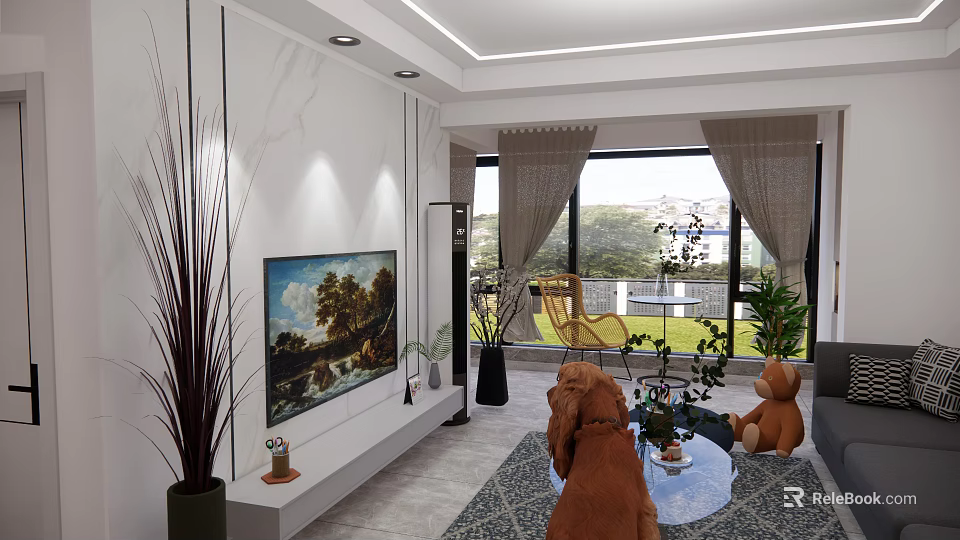 Modern Living Room Interior With TV Wall Painting Green Plants Coffee Table And Large Windows 3d model 