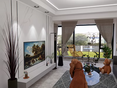Modern Living Room Interior With TV Wall Painting Green Plants Coffee Table And Large Windows 3d model