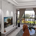 Modern Living Room Interior With TV Wall Painting Green Plants Coffee Table And Large Windows