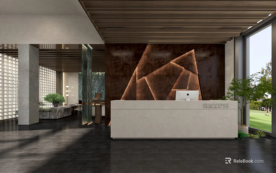 Elegant Hotel Lobby Interior Featuring White Reception Desk Brown Geometric Wall Wooden Ceiling And Greenery 3d model 
