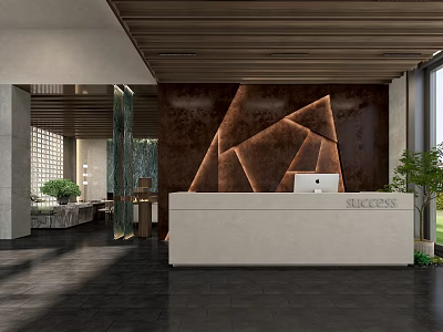 Elegant Hotel Lobby Interior Featuring White Reception Desk Brown Geometric Wall Wooden Ceiling And Greenery 3d model