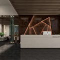 Elegant Hotel Lobby Interior Featuring White Reception Desk Brown Geometric Wall Wooden Ceiling And Greenery